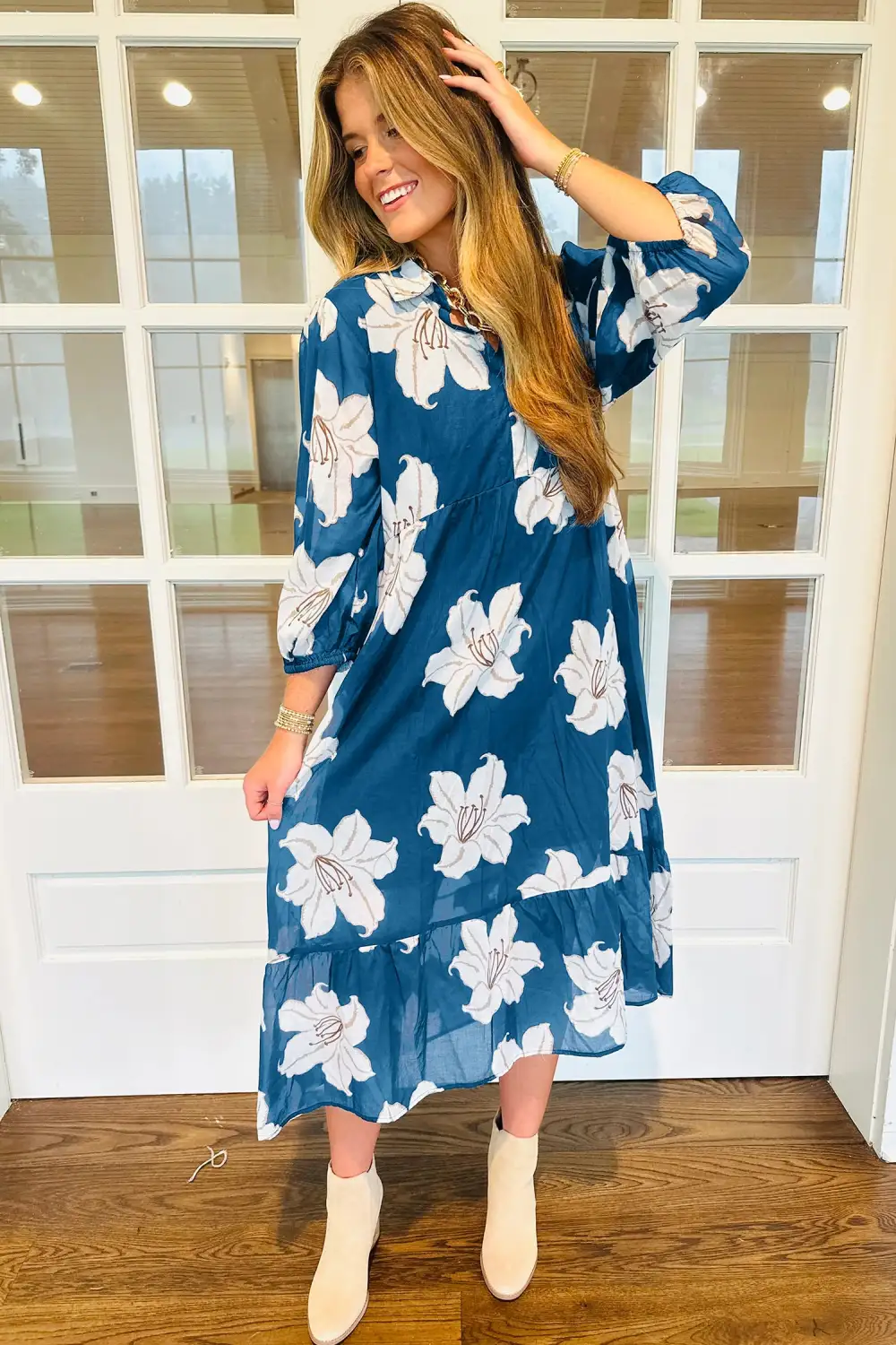 Polished Detail Floral Printed V Neck Midi Dress