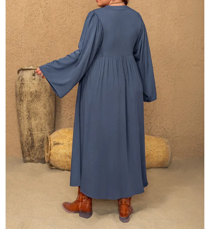 Plus Size Lace Detail Notched Long Sleeve Midi Dress
