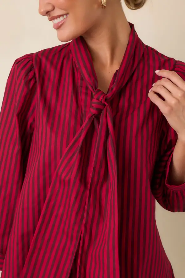 Tie-Neck Button-Front Long-Sleeve Scalloped Blouse