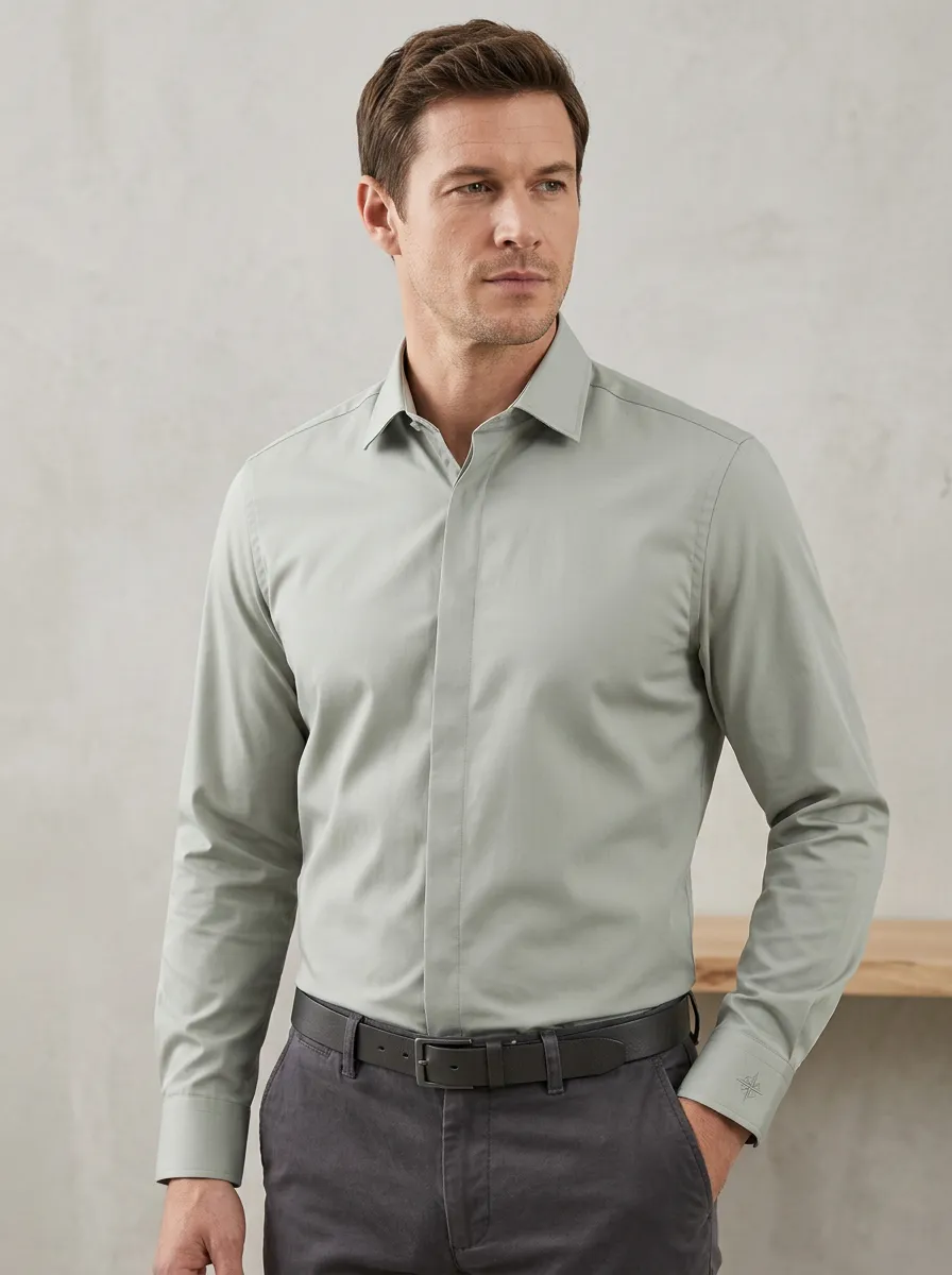 Men's Sage Green Non-Iron Cotton Long Sleeve Dress Shirt
