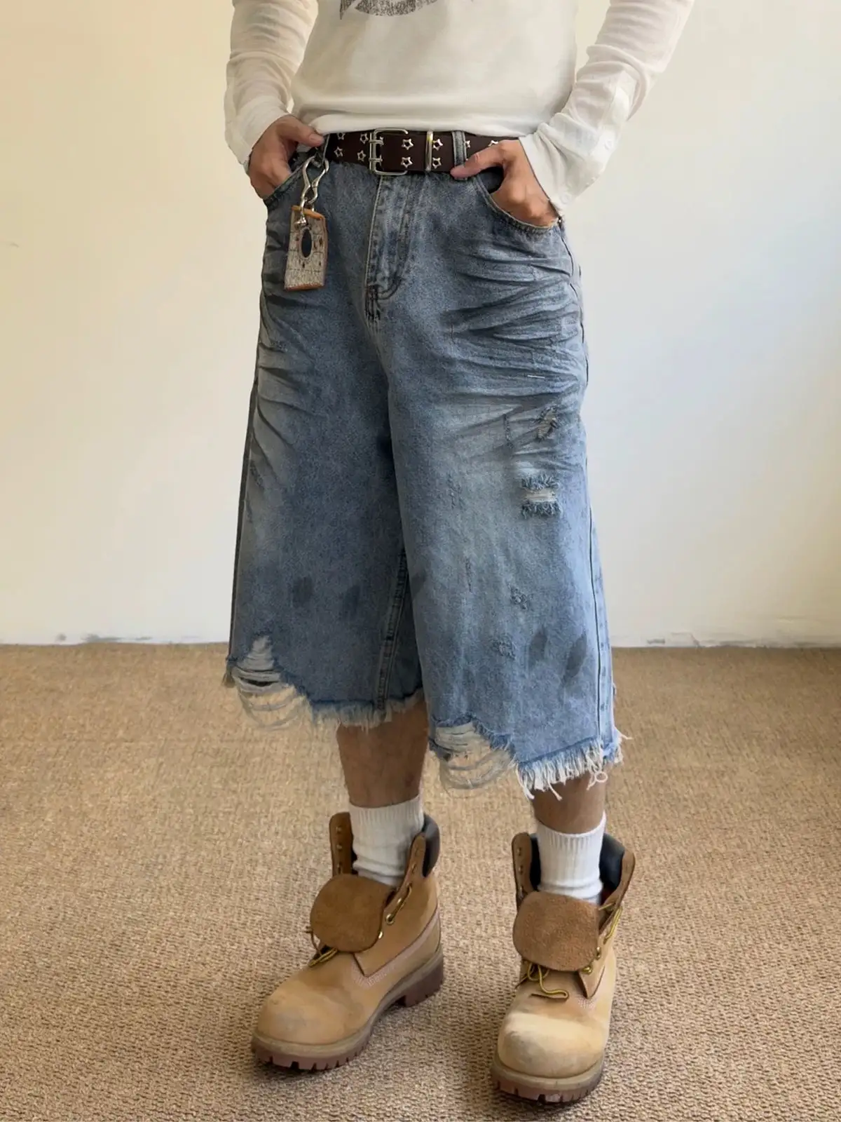 Wide-Leg Distressed Washed Shorts