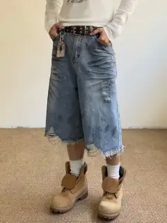 Wide-Leg Distressed Washed Shorts
