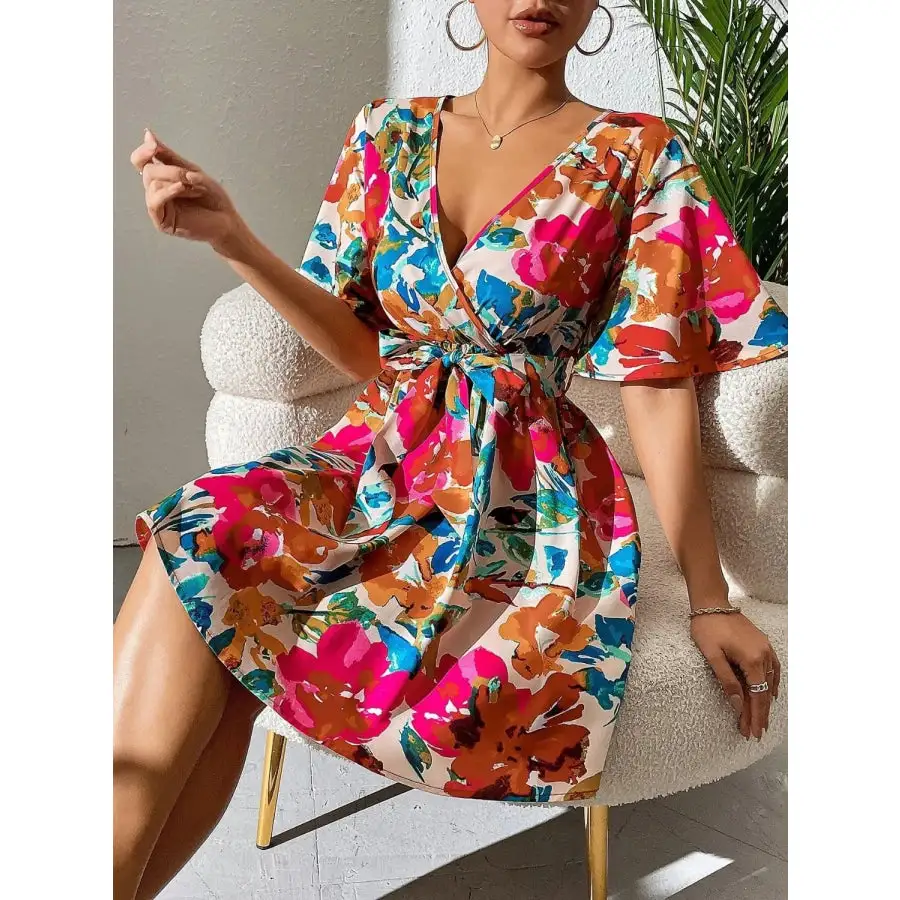 Surplice Short Sleeve Mini Dress