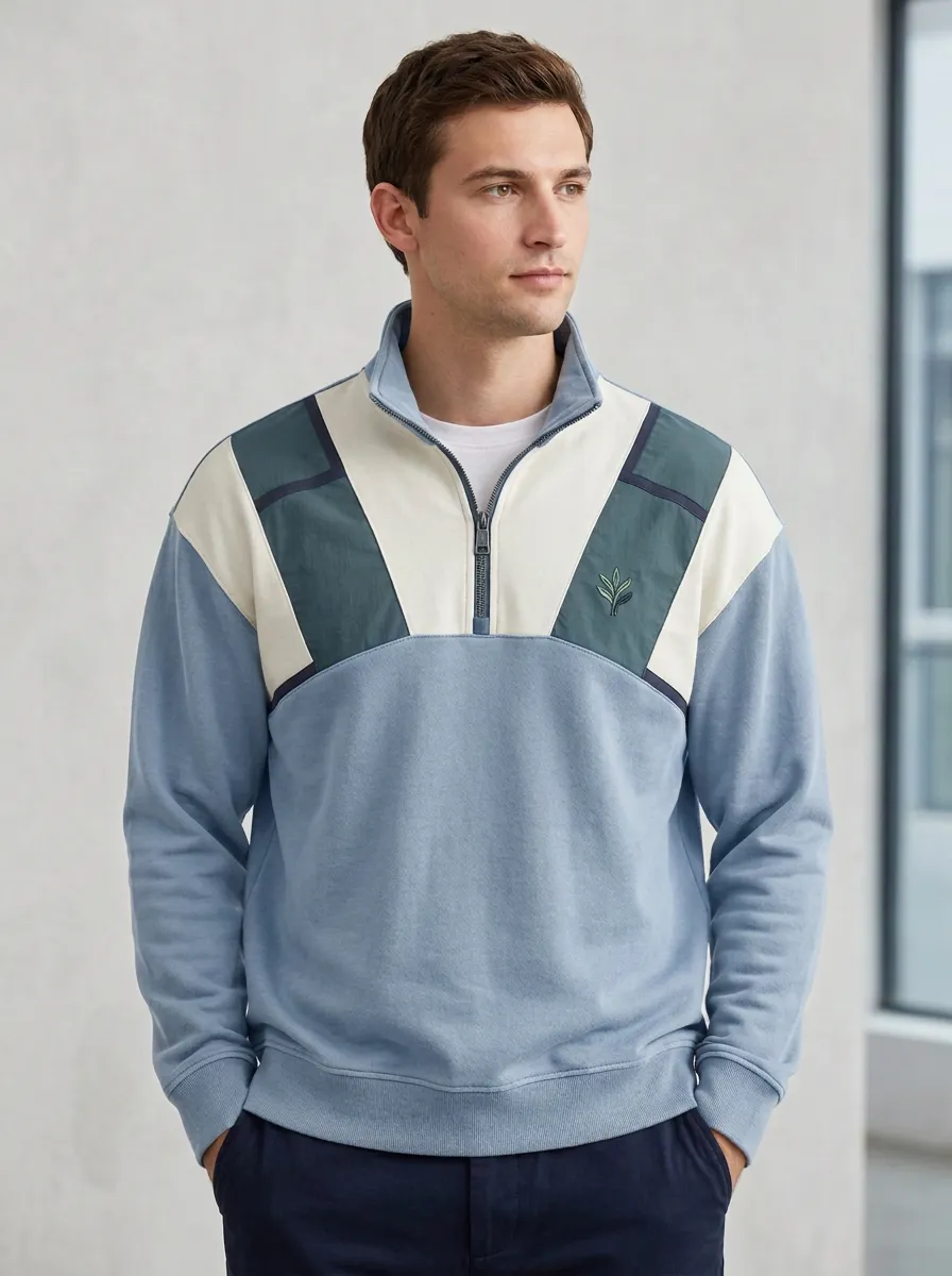 Quarter-Zip Leaf-Pattern Embroidered Men's Half-Zip Sweatshirt