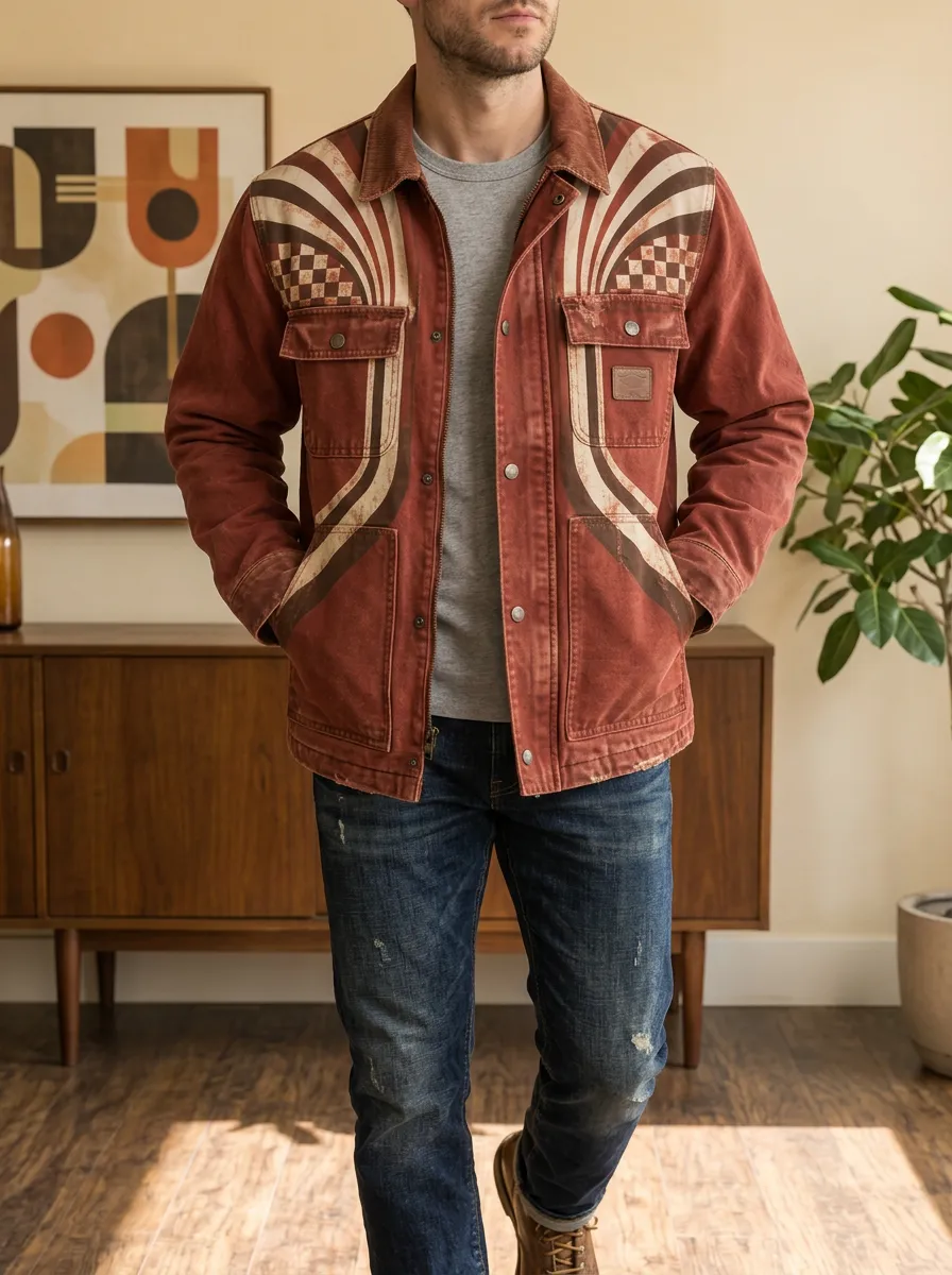 Men's Vintage Retro Checkerboard Sunburst Rugged Journey Jacket