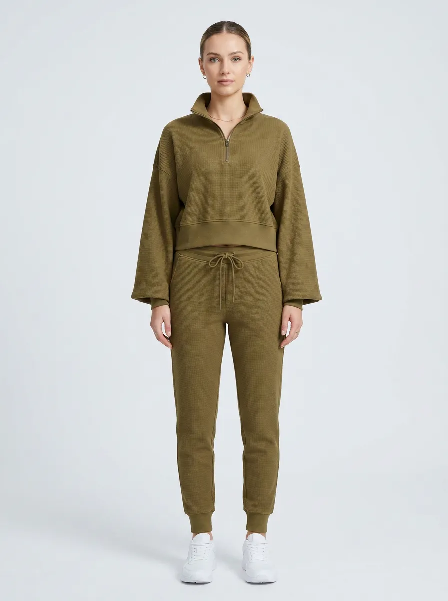 Women's Olive Waffle Knit Quarter Zip Cropped Lounge Set