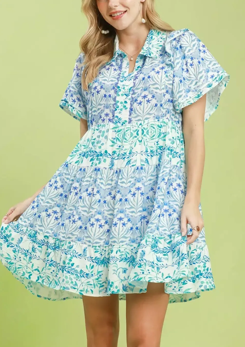 Floral Print Flutter Sleeve Tiered Mini Dress
