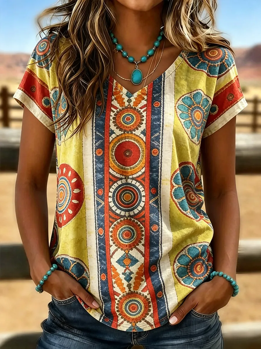 Women's Casual Retro V-Neck T-Shirt