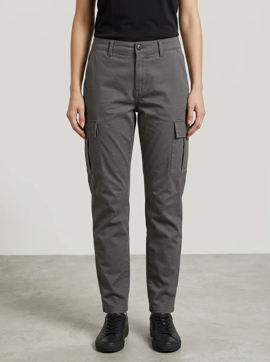 Women's Mid-Rise Button-Flap Pocket Slant-Pocket Straight-Leg Cargo Pants