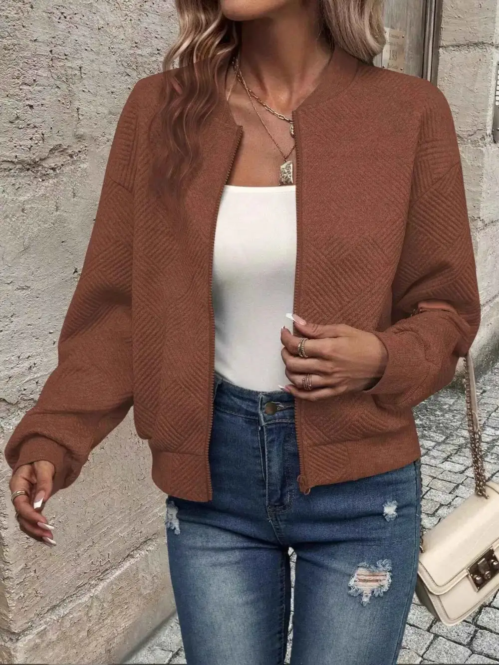 Plus Size Zip-Up Long Sleeve Textured Jacket
