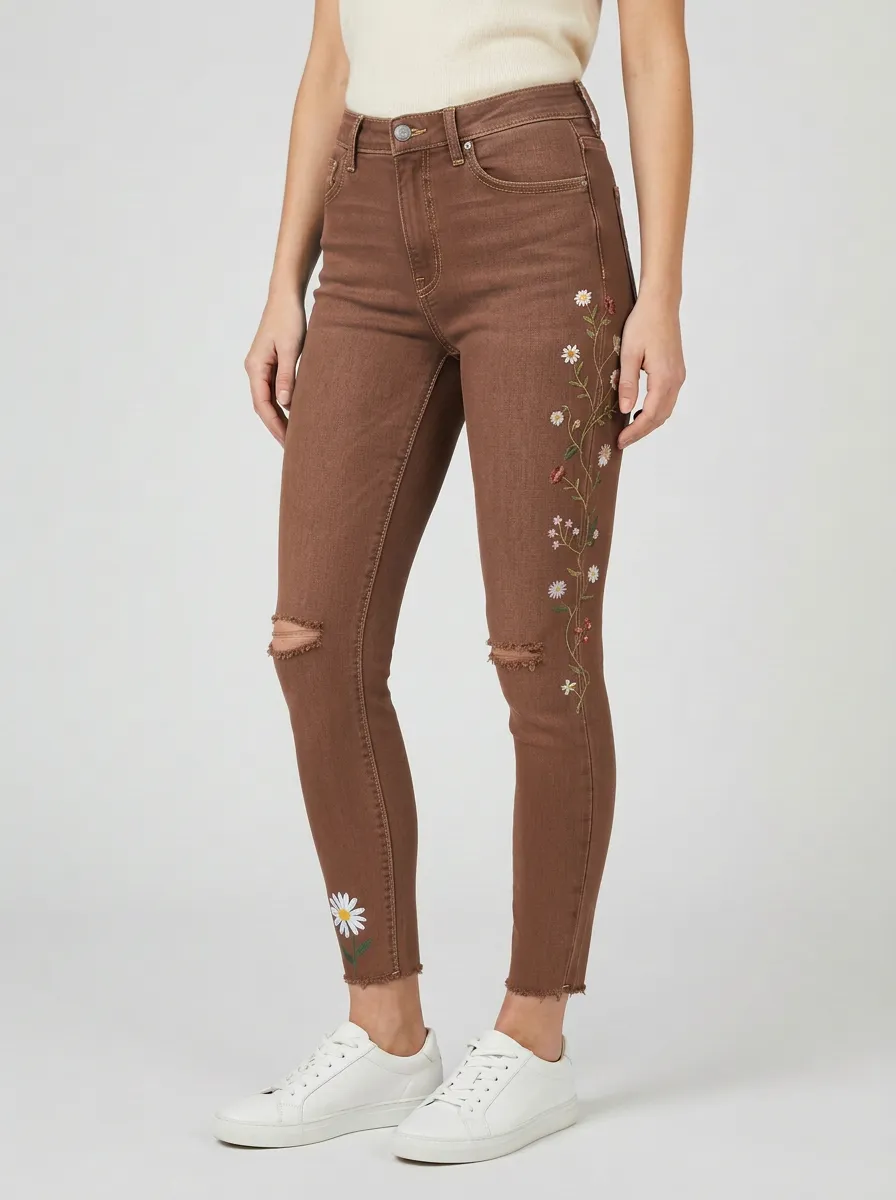 Women's Floral Daisy Embroidered Ripped Graphic Slim Jeans