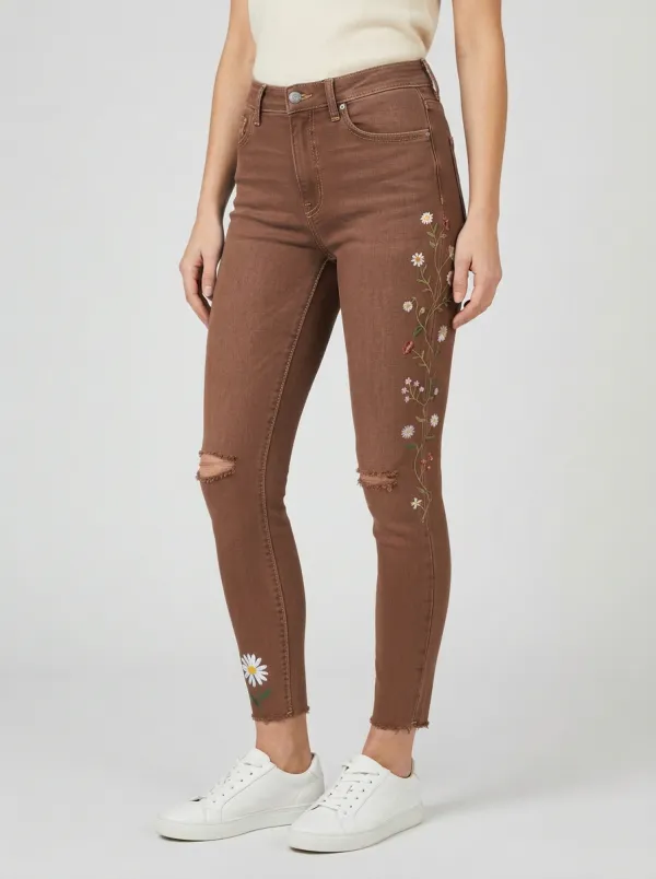 Women's Floral Daisy Embroidered Ripped Graphic Slim Jeans