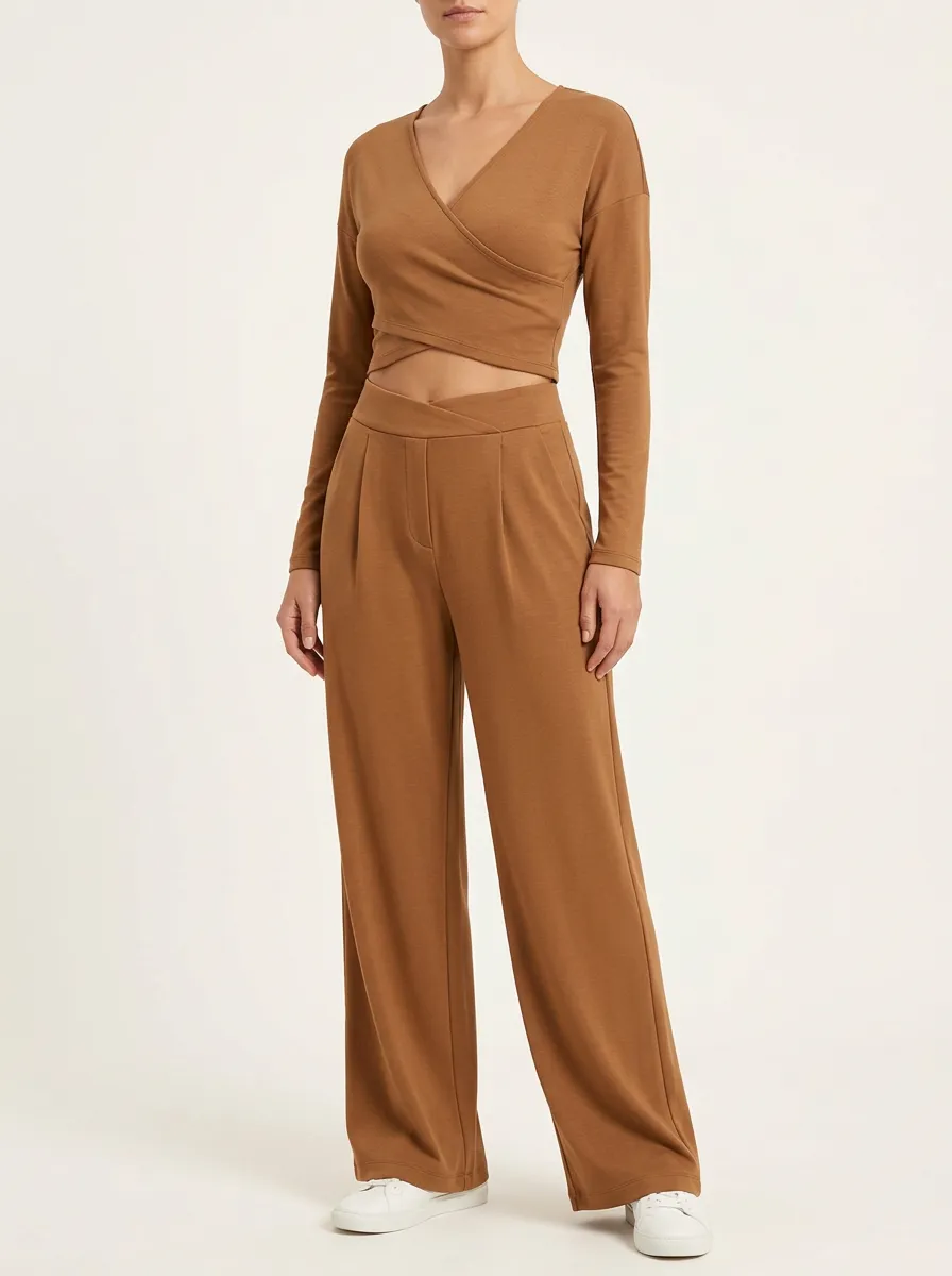 Women's Wrap-Front Crop Top and Crossover-Waist Wide-Leg Trouser Set