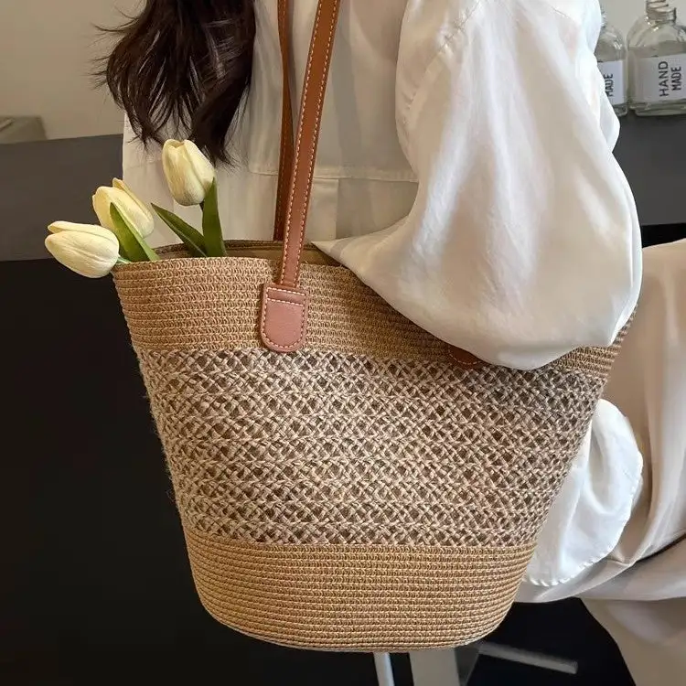 Structured Utility Straw Tote Bag