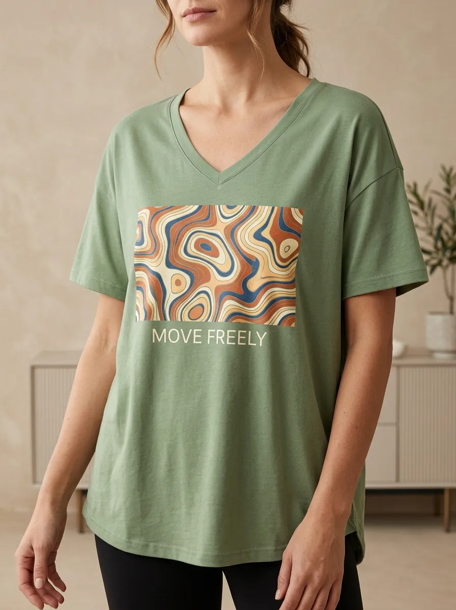 Women's Move Freely Abstract Swirl Printed V-Neck T-Shirt