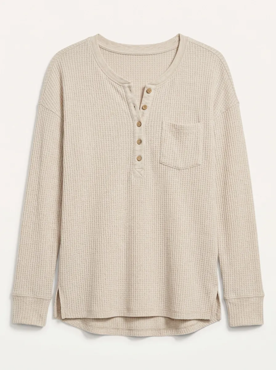 Women's Casual Solid Beige Waffle Knit Button Henley Shirt