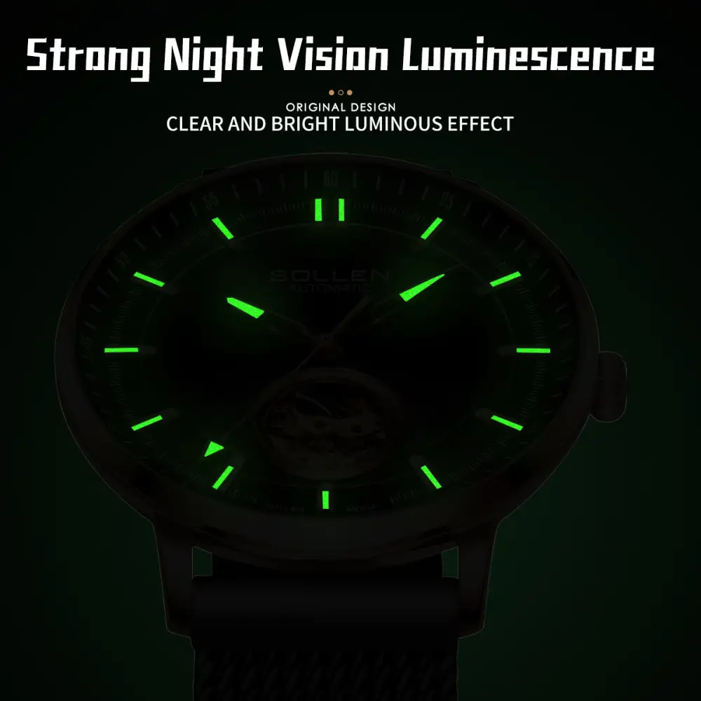 Sollen SL360 Men's Open Heart Automatic Mechanical Watch - 42mm Stainless Steel Case Slim 9.9mm Miyota Movement Luminous Markers Mesh Bracelet Wristwatch