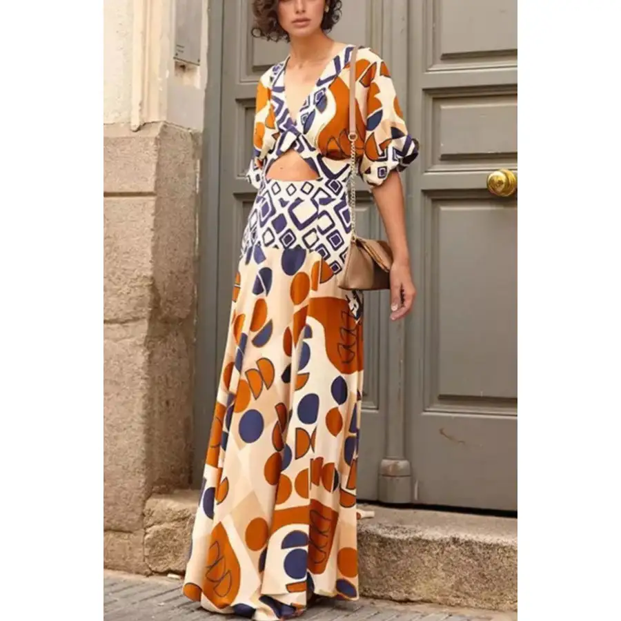 Geometric Print V Neck Maxi Dress with Cutout Detail