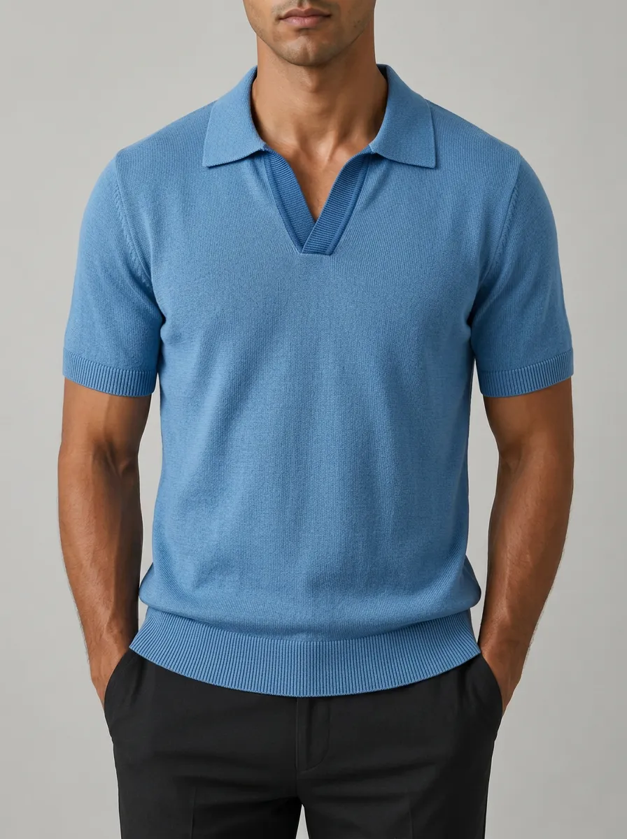 Men's Casual Solid Blue V-Neck Knitted Polo Shirt