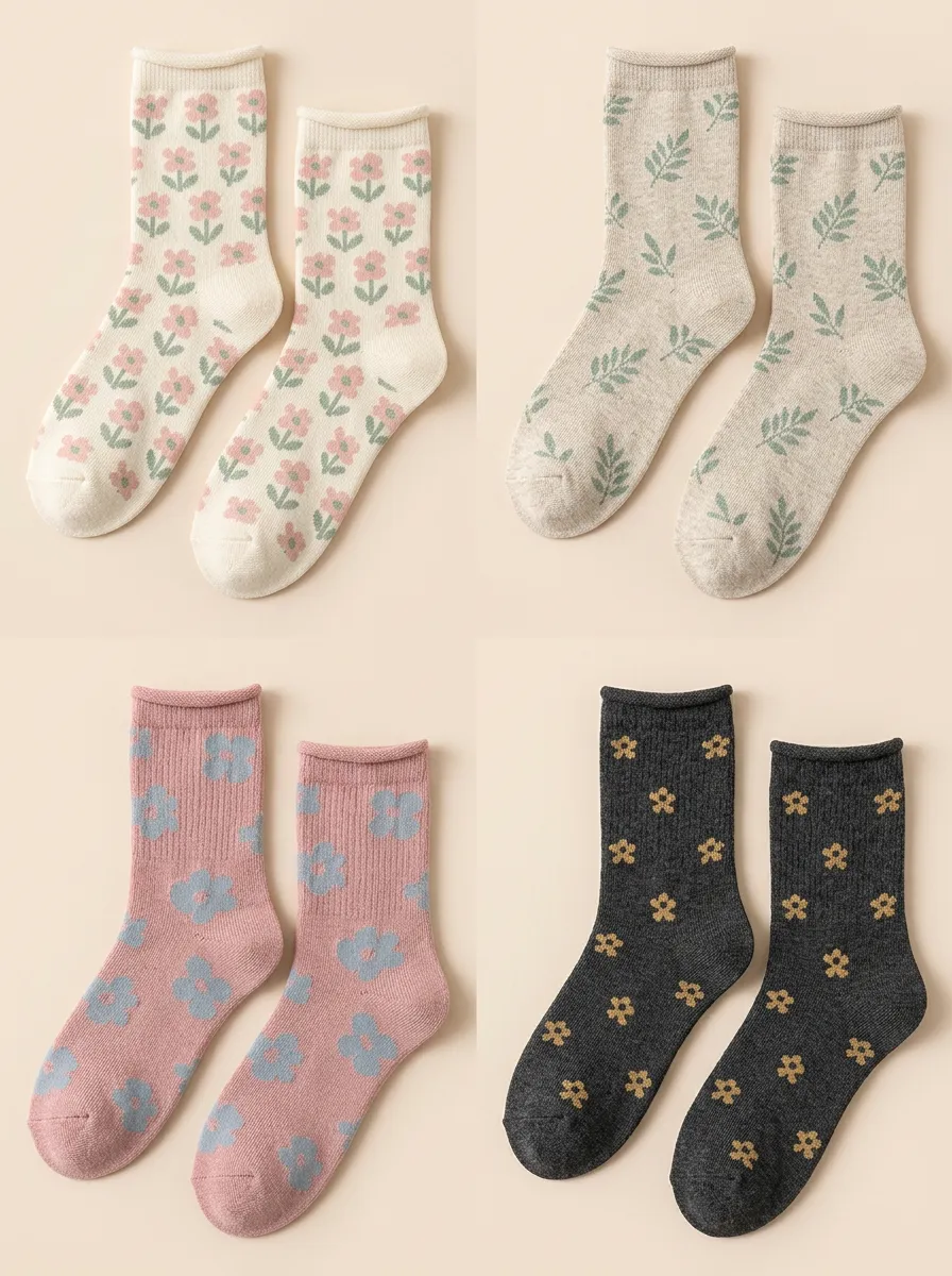 Women's Leaf Floral Botanical Rolled-Cuff Crew Sock Set