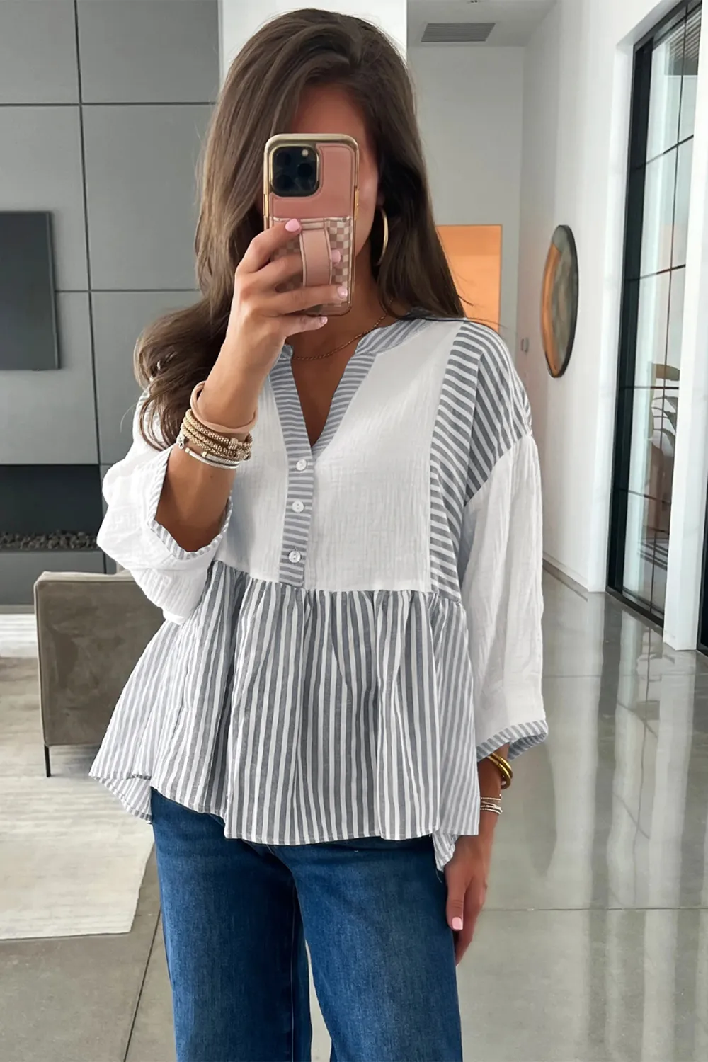 Gray Stripe Half Button Gauze Blouse