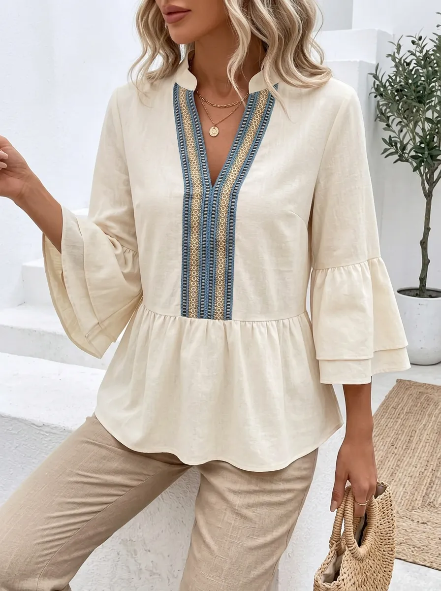 Boho Embroidered V-Neck Printed Peplum Top