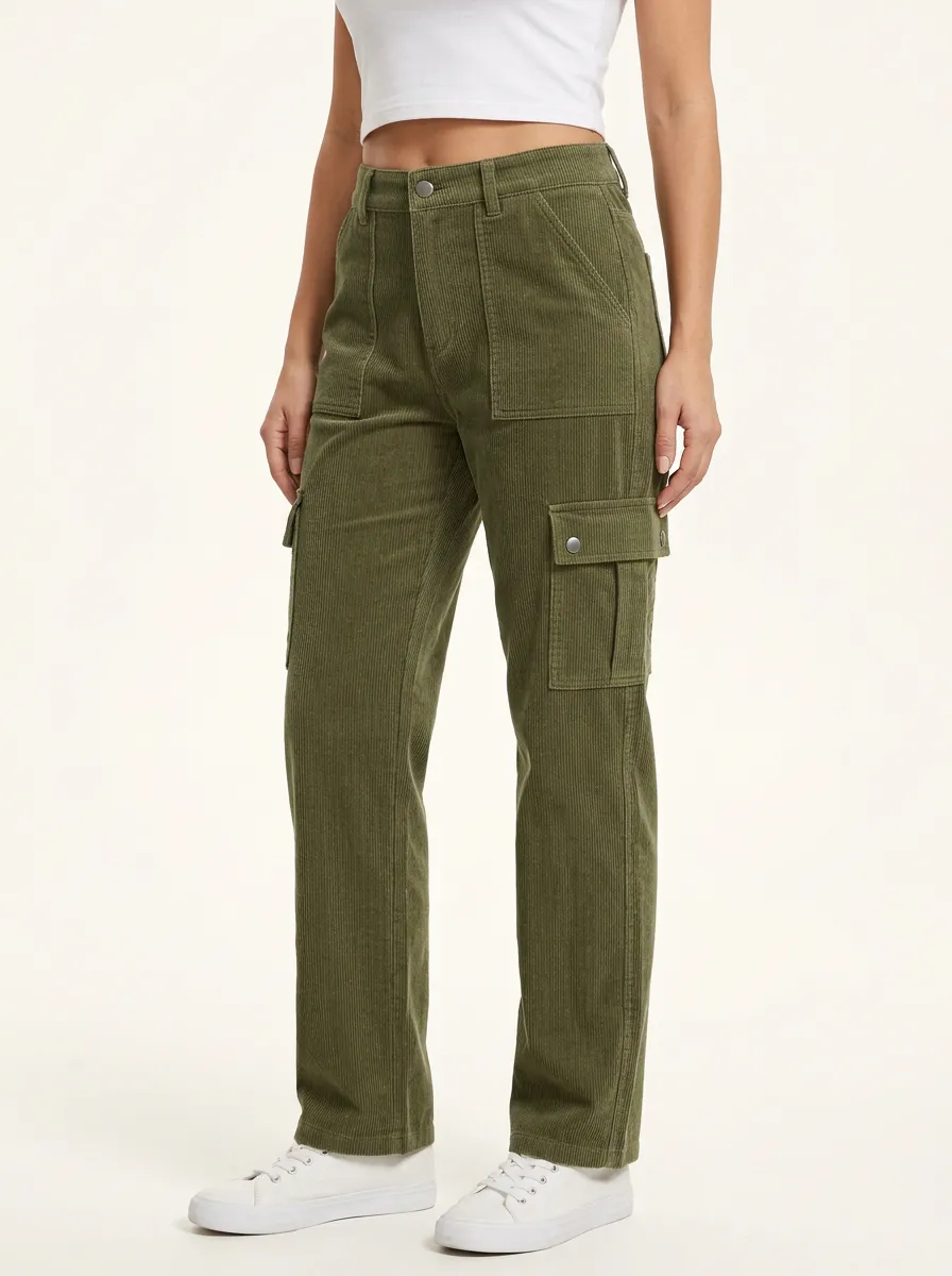 Women's High-Rise Flap-Pocket Cargo Straight-Leg Corduroy Pants