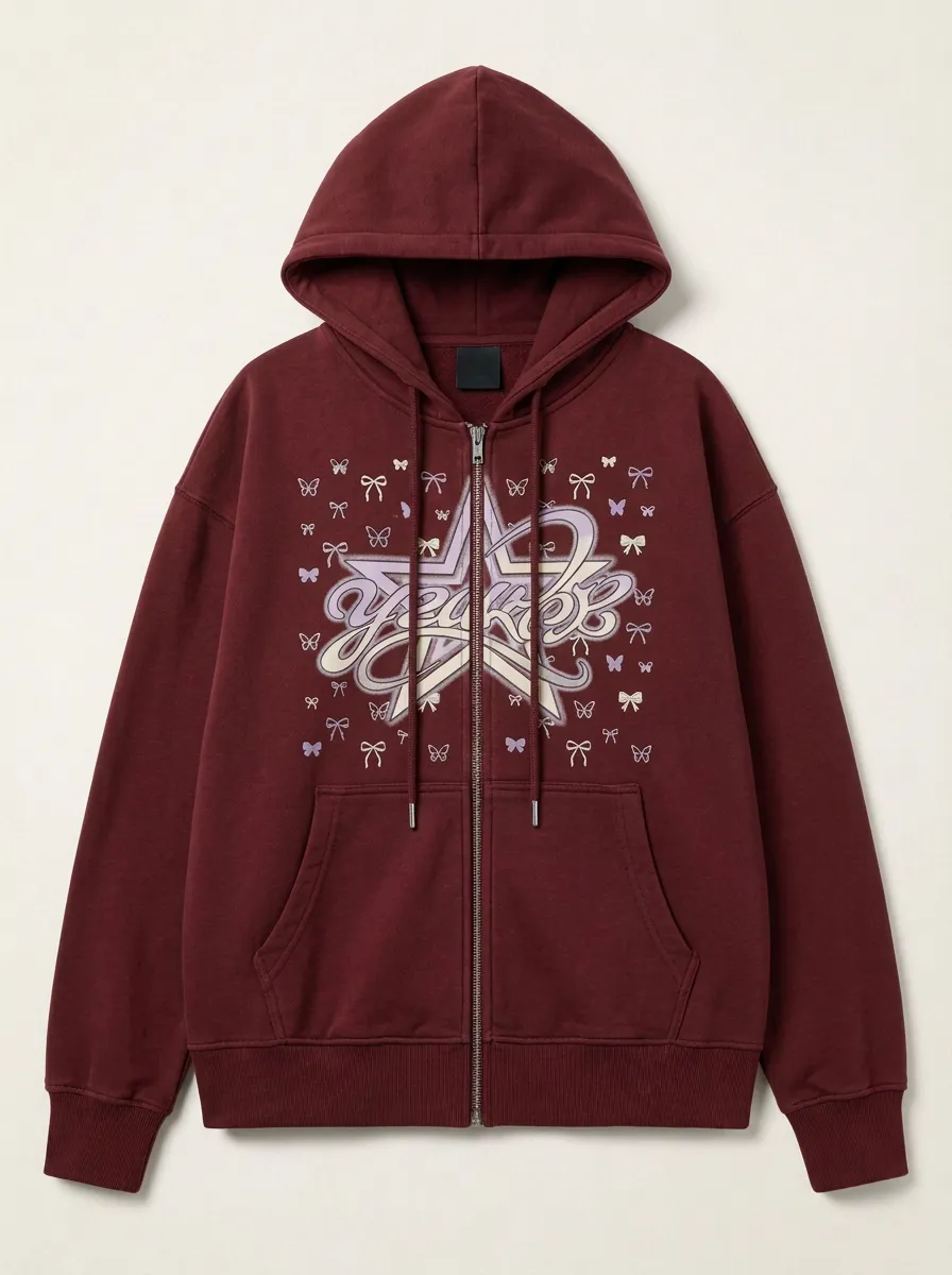 Unisex Streetwear Y2K Star Butterfly Bow Printed Zip-up Hoodie
