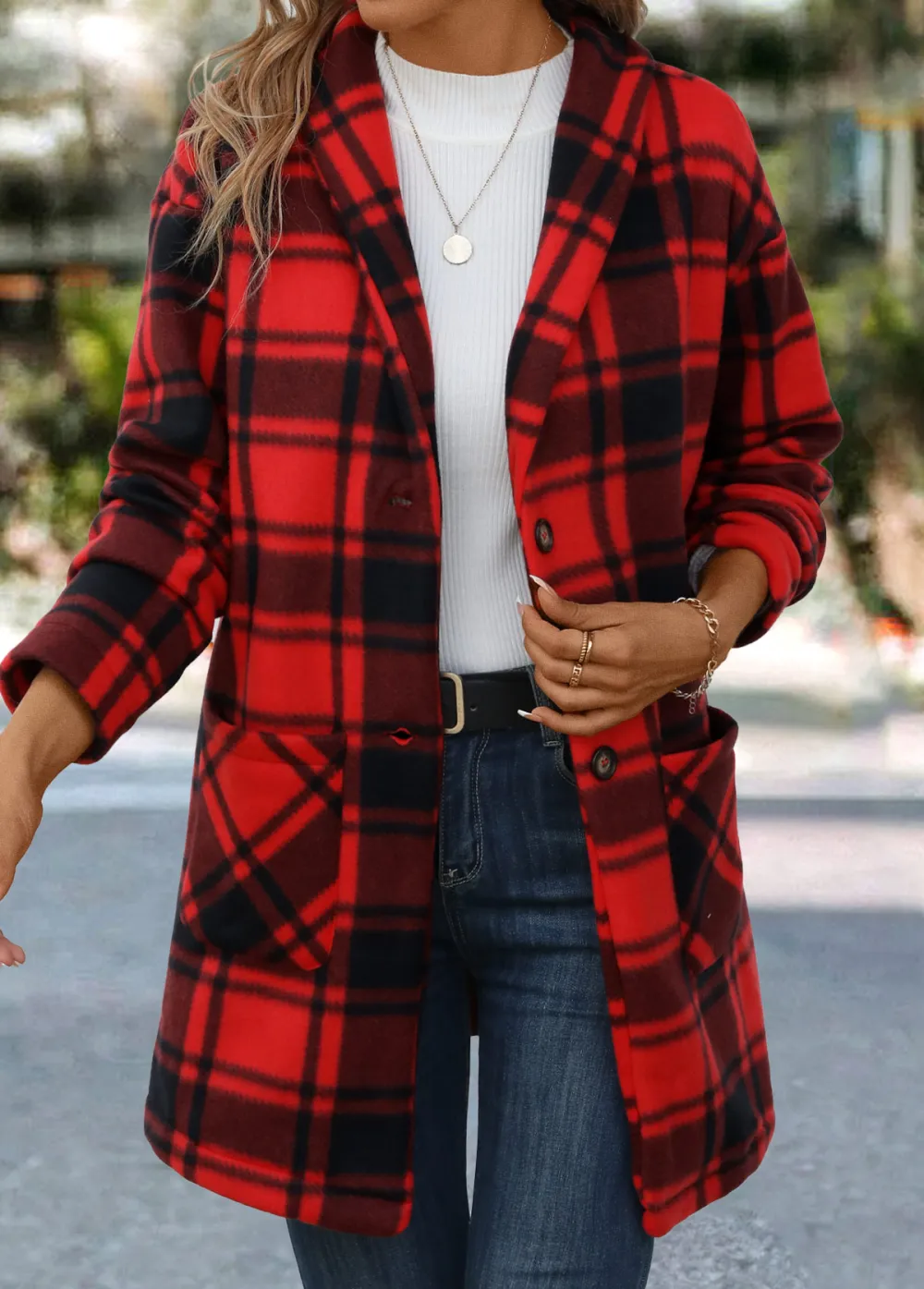 Red Pocket Plaid Long Sleeve Turn Down Collar Coat