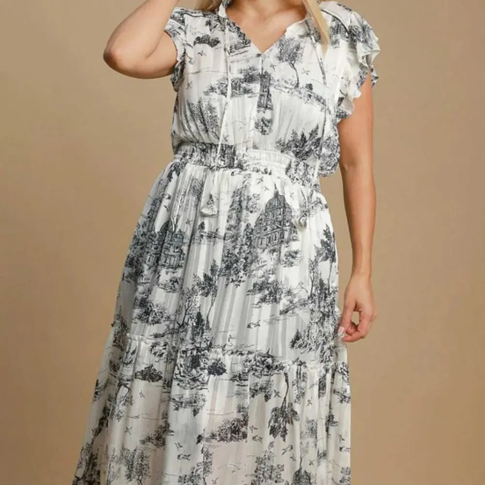 Two Tone Landscape Print Midi Dress