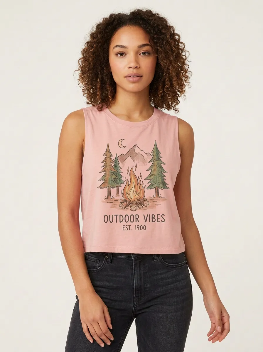 Women's Camping Mountain Campfire Graphic Crop Tank Top