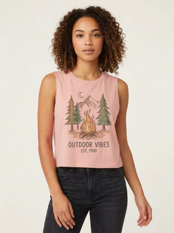 Women's Camping Mountain Campfire Graphic Crop Tank Top