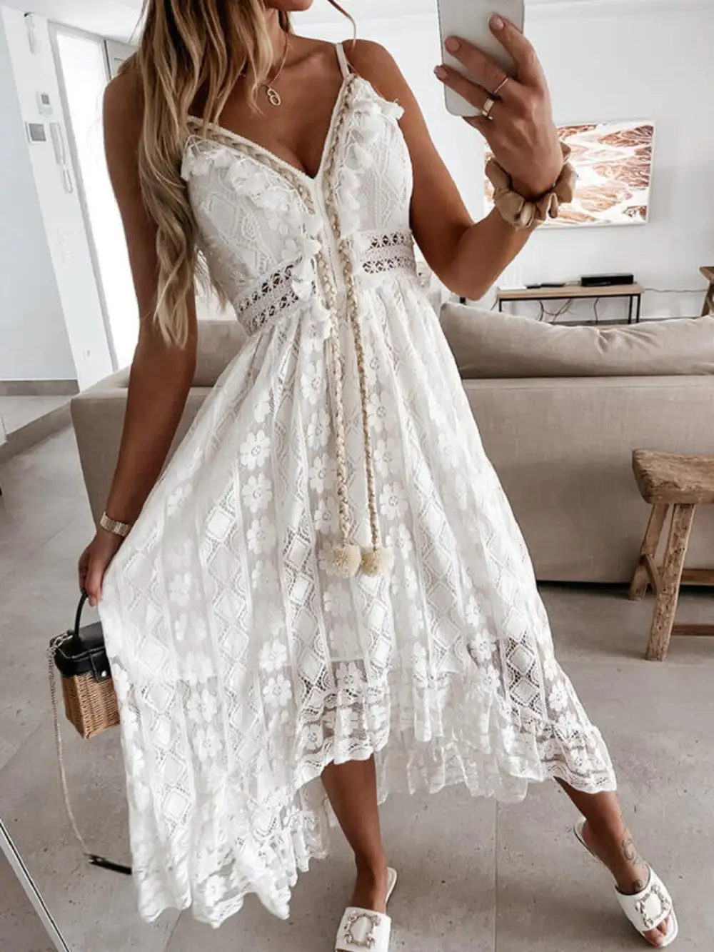 Lace V Neck Ruffle Maxi Dress