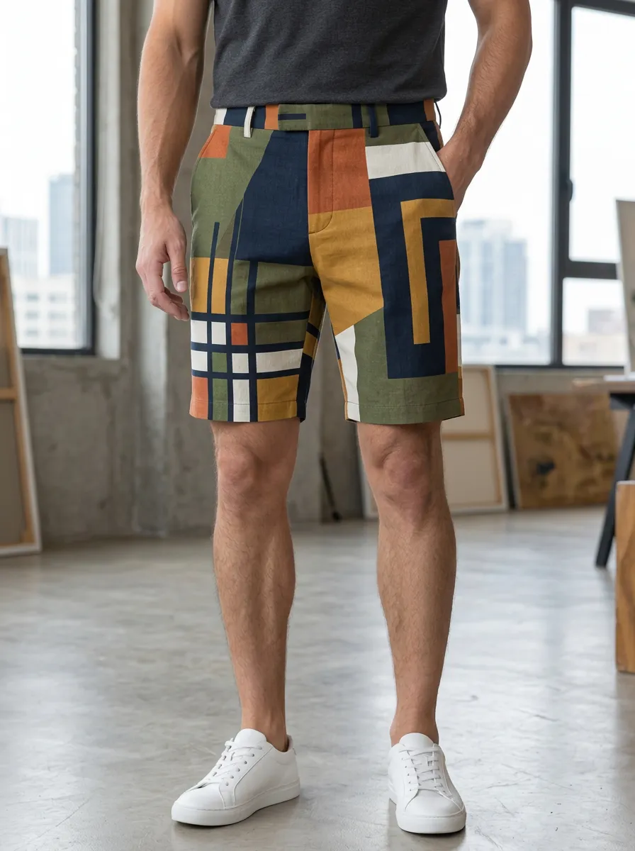 Men's Relaxed Geometric Abstract Art Tailored Shorts