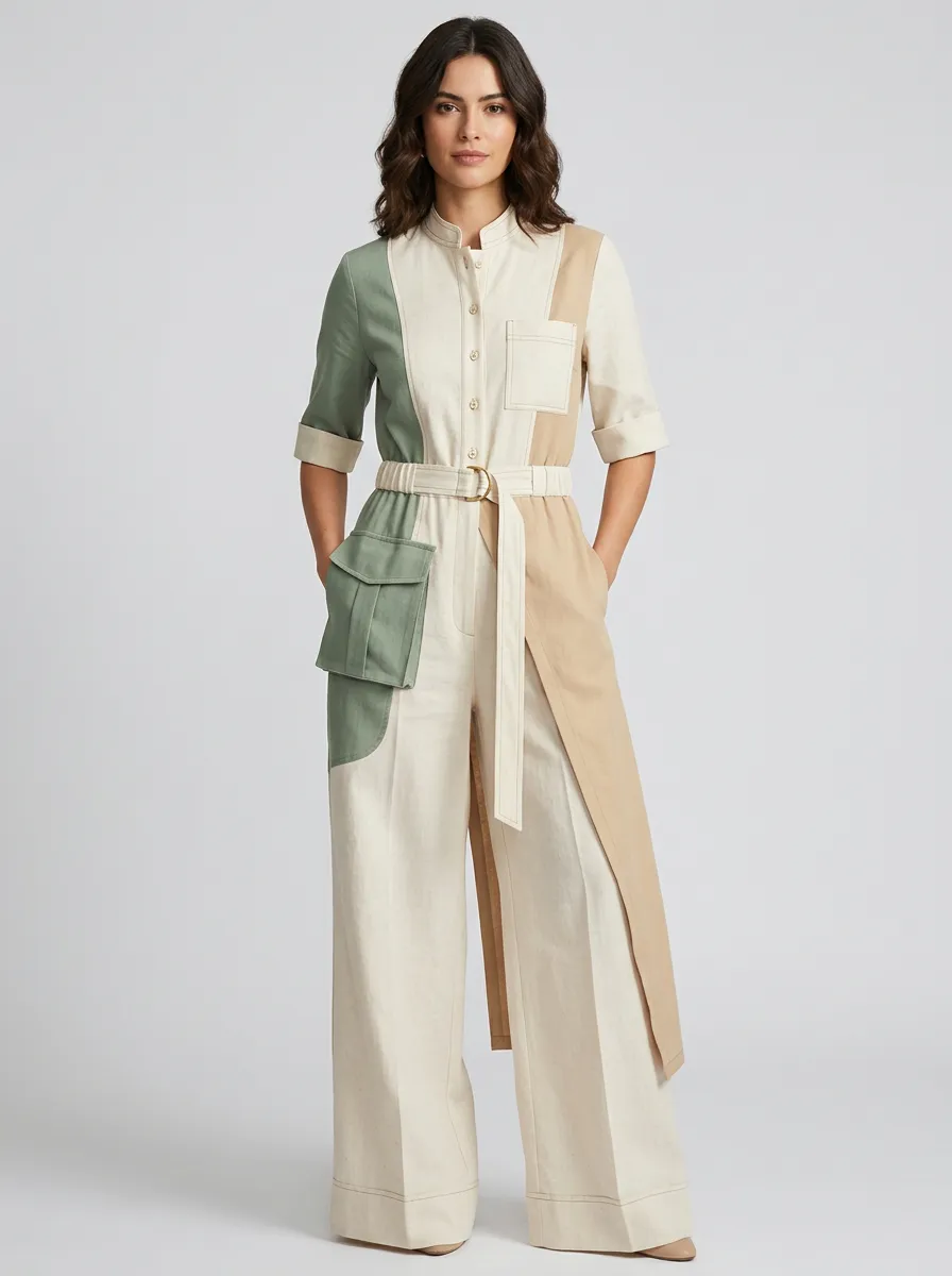 Women's Sierra Colorblock Cargo Pocket Belted Jumpsuit