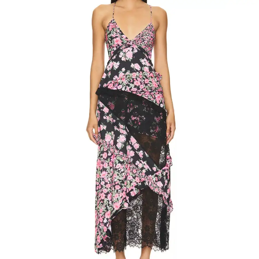 Lace Detail Ruffled Floral V Neck Maxi Dress