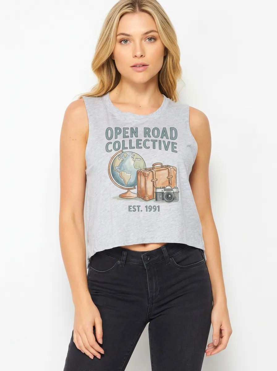 Women's Travel Globe Camera Suitcase Graphic Tank Top