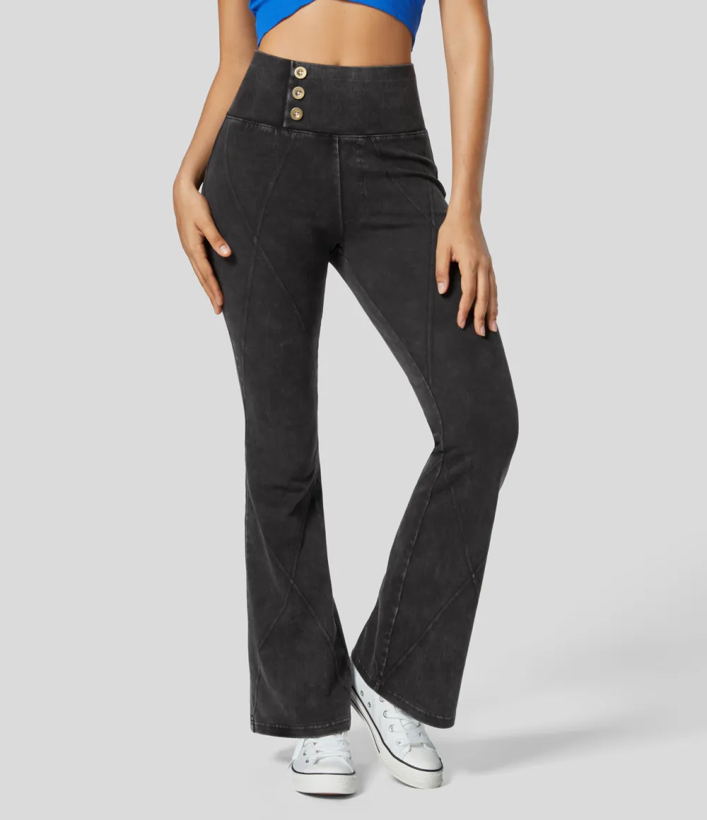 Magic High Waisted Button Top-stitching Washed Stretchy Knit Casual Flare Jeans