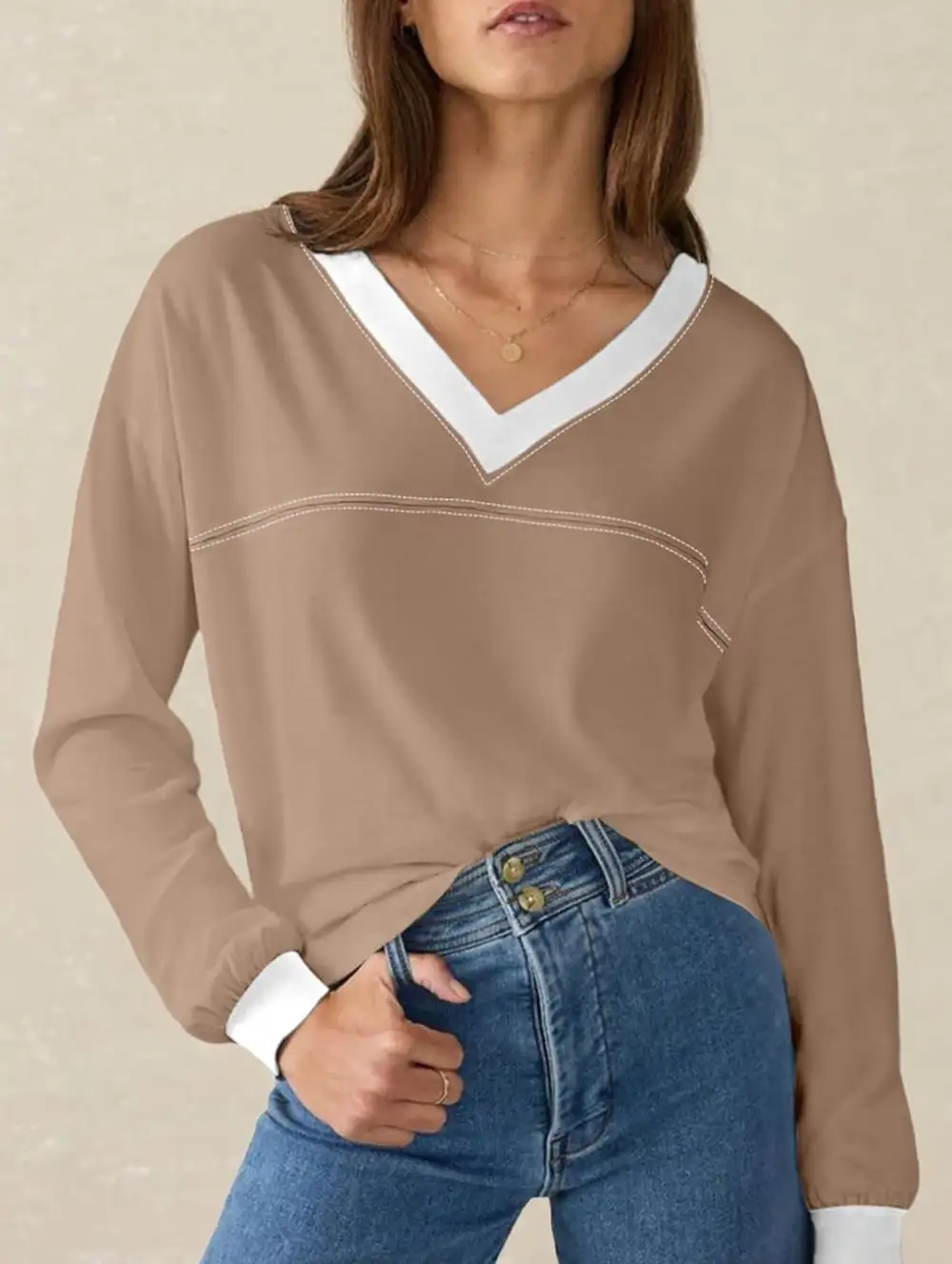 Contrast V Neck Loose Sweatshirt
