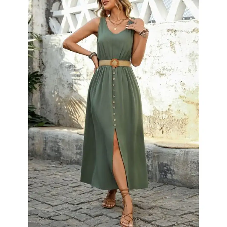 Perfee Decorative Button Slit Sleeveless Midi Dress