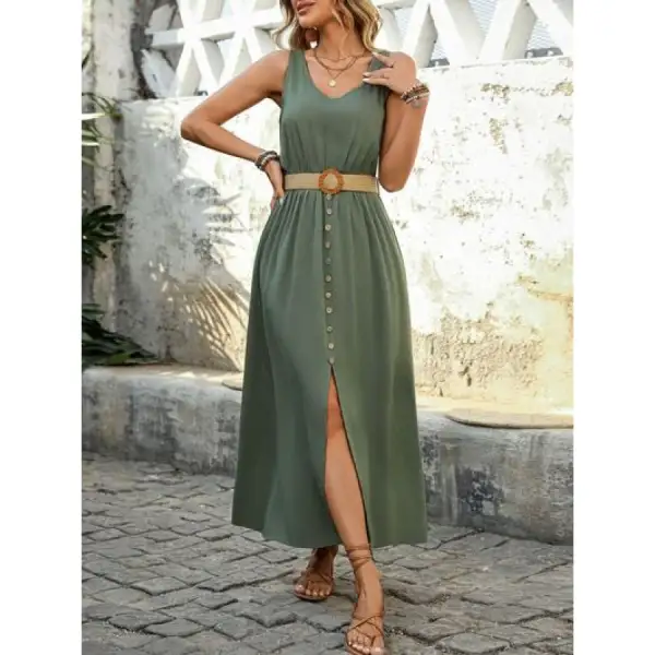 Perfee Decorative Button Slit Sleeveless Midi Dress