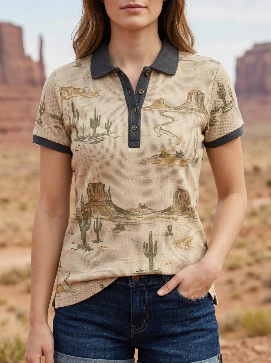Women's Modern Desert Cactus Landscape Polo Shirt