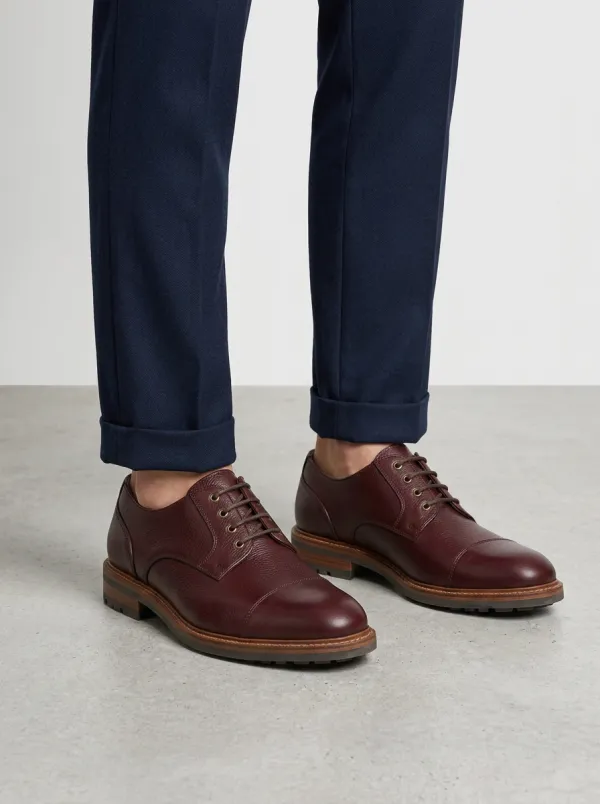 Men's Business Casual Burgundy Pebble Grain Leather Cap Toe Oxford Shoes