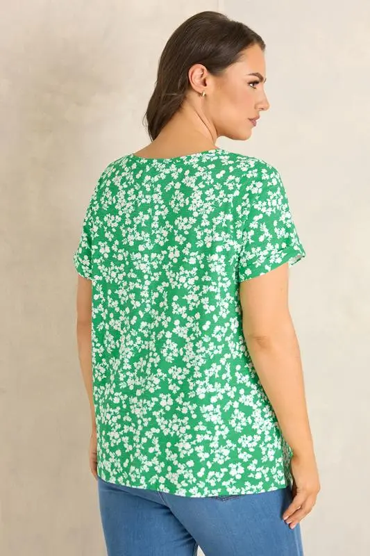 Green Floral Pleat Front Top