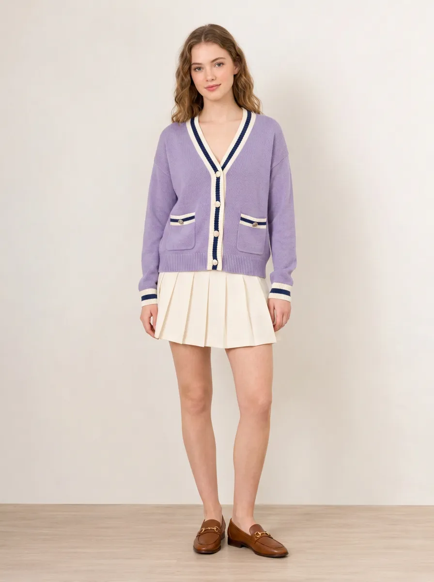 Women's Preppy Style Purple Contrast Trim Buttoned Cardigan