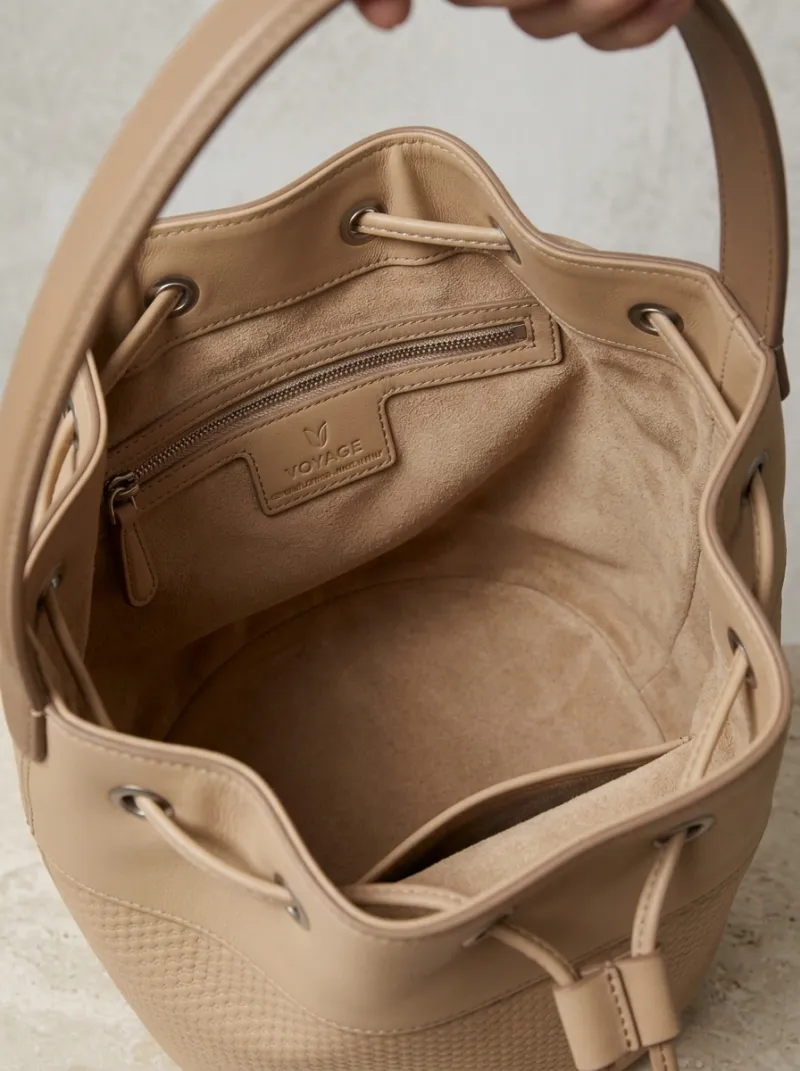 Women's Textured Mixed-Texture Drawstring Single-Handle Bucket Bag