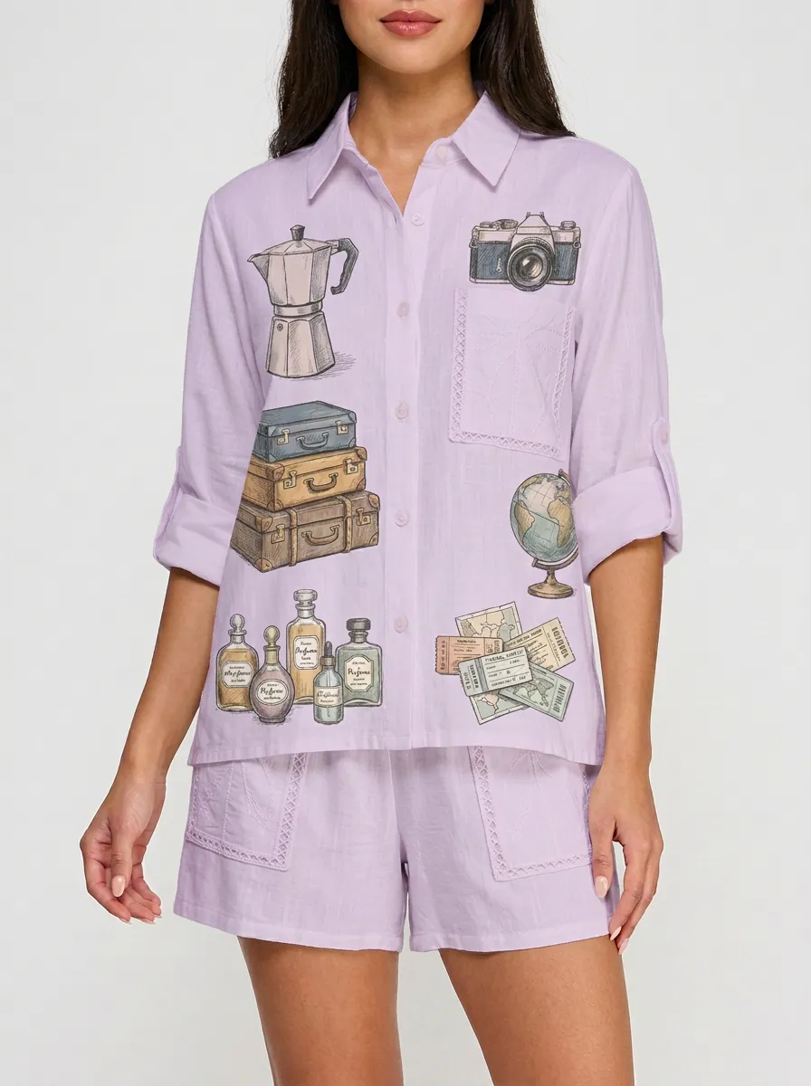 Women's Travel Enthusiast Vintage Objects Graphic Button-Up Shirt