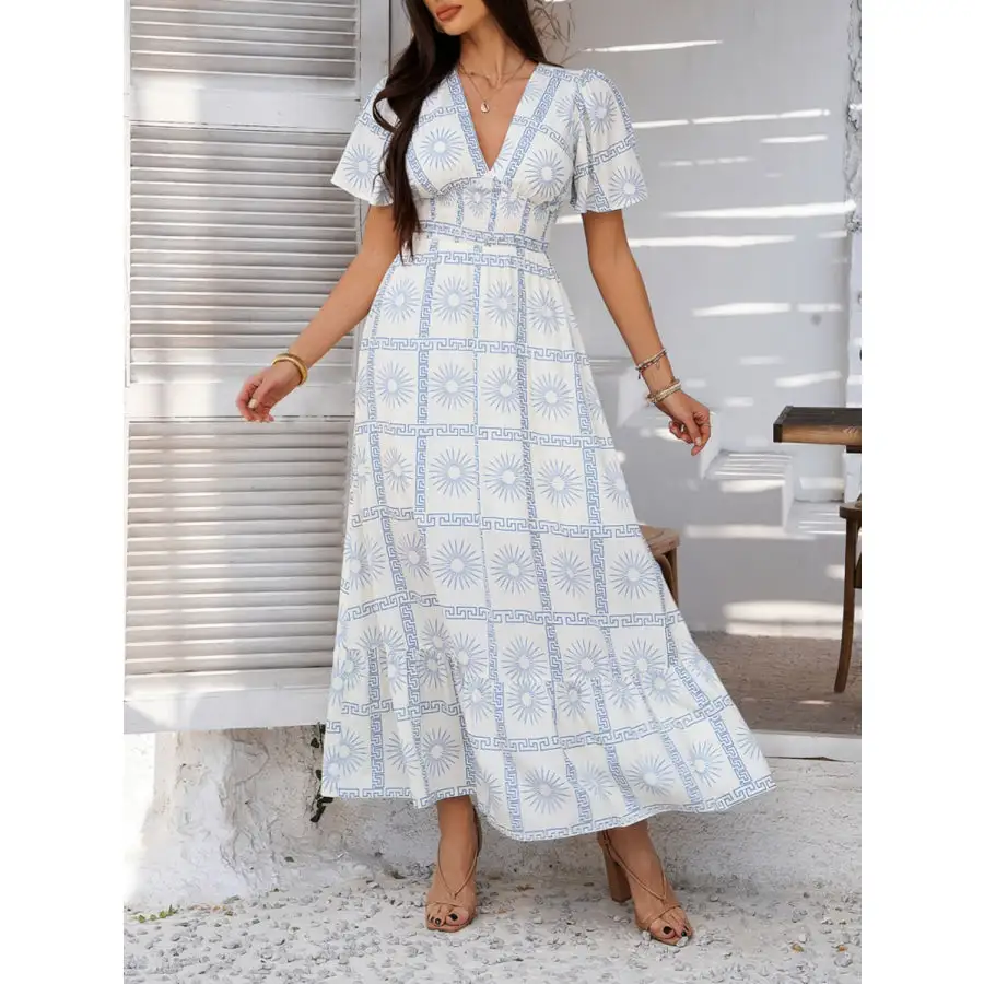 Smocked Printed V Neck Short Sleeve Maxi Dress