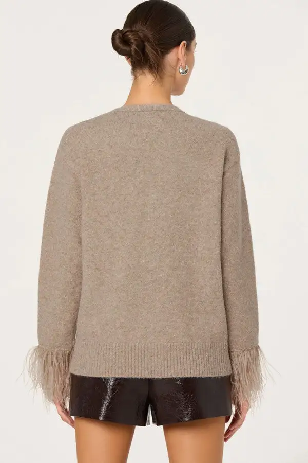 Women's Beige Feather Trim Knit Cardigan