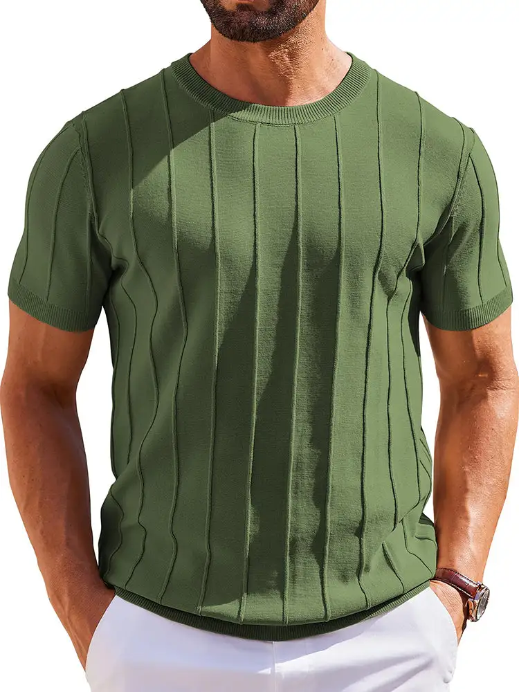 Casual Short Sleeve Shirt Ribbed Knit Pullover Tee